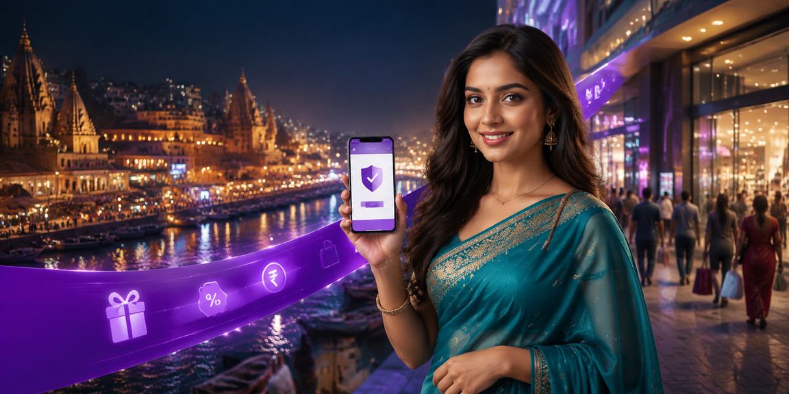 Evening scene at Varanasi ghat with mobile payment use in entertainment